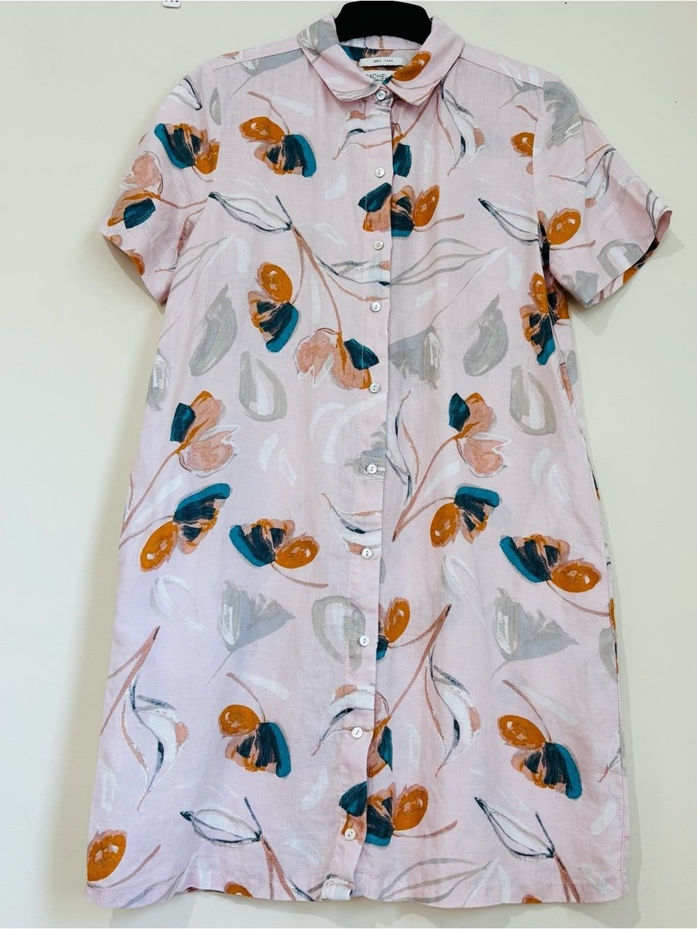 Rachel Zoe preppy linen floral button up short sleeve relaxed mini shirt dress S